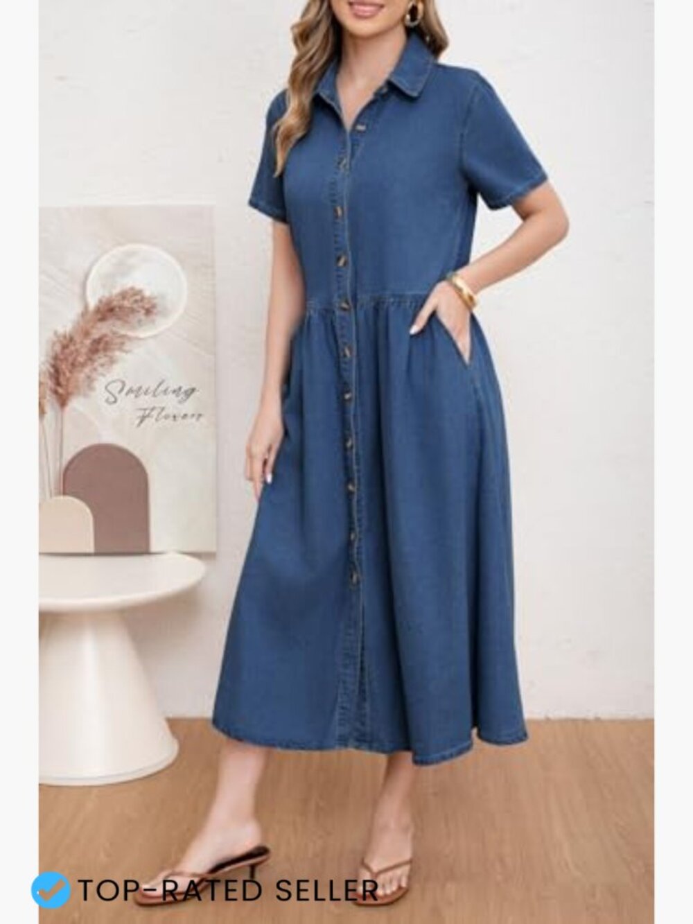 Denim Shirt Dress Oversized A-Line Midi Button Down Frayed Hem - Picture 6 of 7